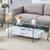 ZUN 43.3 Inch Modern Two-Tier Coffee Table - Clear Tempered Glass and White Marble Texture, W1151P232633