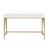 2 Drawers Writing Desk with Metal Trestle Base, White High Gloss and Gold B016P317513