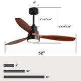 ZUN 52 Inch Wooden Ceiling Fan With 3 Solid Wood Blades Remote Control Reversible DC Motor With Led W882P147232