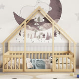 Full Wood House-Shaped Floor Bed with Fence, Guardrails,Natural W504P143295