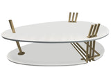 36 Inch Modern Coffee Table, Oval Elliptical Shape, White Mango Wood With Antique Brass B056P161686