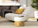 Nebula Round Burl Wood Upholstered Ottoman, Ivory White Boucle B2719P238446