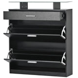 ON-TREND Slim Entryway Organizer with 2 Flip Drawers, Tempered Glass Top Shoe WF303589AAB
