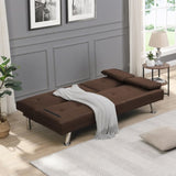 ZUN Sofa Bed with Armrest two holders WOOD FRAME, STAINLESS LEG, FUTON BROWN PVC W2297P164939