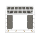Wooden Twin Size House Bed with Fence and Roof, Kids Floor Bed with Two Movable Wardrobes, Gray N733P240134E