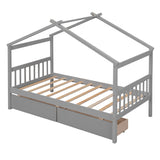 Twin Size Wooden House Bed with Drawers, Gray 38831000