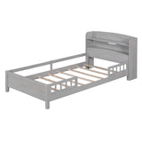 Wood Twin Size Platform Bed with Built-in LED Light, Storage Headboard and Guardrail, Antique Grey WF308150AAE