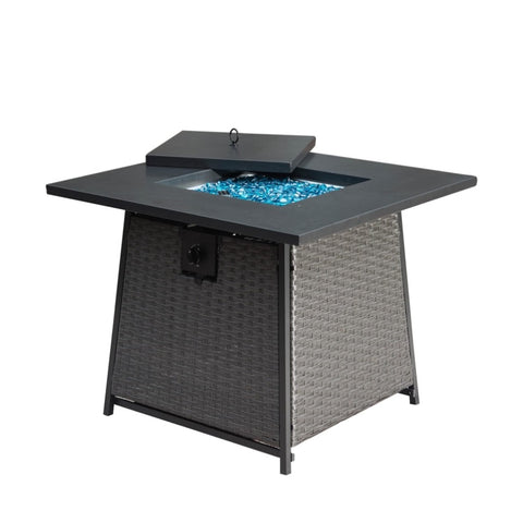 ZUN 32 Inch Propane Fire Pits Table with Blue Glass Ball,50,000 BTU Outdoor Wicker Fire Table with W1859113379