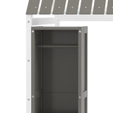 Wooden Twin Size House Bed with Fence and Roof, Kids Floor Bed with Two Movable Wardrobes, Gray N733P240134E