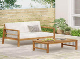 Outdoor Acacia Wood and Iron Loveseat and Coffee Table Set with Cushions, Teak, Black, Beige 73021.00BGE