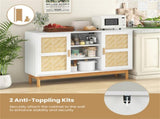 Natural & White Buffet Cabinet with Bamboo Woven Patterns, 3 Open Shelves & 2 Cabinets 12554102