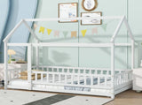Twin Size House Floor Wooden Bed with Roof Frame,Safety Guardrails,White W504P286403