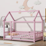 ZUN Twin Size Floor Wooden Bed with House Roof Frame, Fence Guardrails,Pink W504P174635