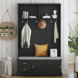 ON-TREND Elegant Hall Tree with Sliding Doors, Versatile Coat Rack with 6 Silvery Hooks & Handles, N721P205787B