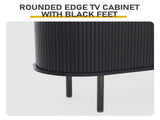 Black Embossed Particle Board TV Stand, Oval Tabletop 1473558cm, Entertainment Center with Slatted 39060699