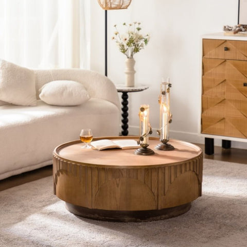 Coffee Table Round Wood Modern Solid Wood Veneer Handcrafted Relief Tea Table with Sturdy Pedestal W3158P323243