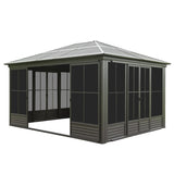 12x14FT Outdoor Sunroom, Galvanized Steel Hardtop Enclose Gazebo Sloping Roof, All Weather Aluminum W1859P300399