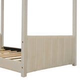 Twin Size Velvet House Bed Wood Bed, Beige 13139946