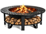37in Round Double-Layer Wood- Pit with Mesh Grate, Black, with Attached Table Top 03927709
