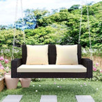 ZUN 2-Person Wicker Hanging Porch Swing with Chains, Cushion, Pillow, Rattan Swing Bench for Garden, 94685542