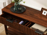 Mid-Century Modern Fluted Console Table with 2 Drawers & Open Shelf, Walnut Finish Narrow Entryway W2557P430472