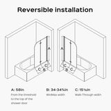 34" W x 58" H Frameless Folding Pivot Bathtub Door, 1/4" Thick SGCC Clear Tempered Glass Door, W1552P173132