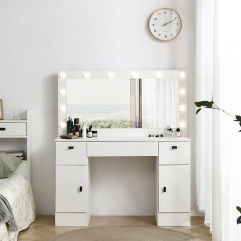 ZUN Vanity table with lighted mirror, vanity desk with 3 drawers and storage cabinet,3 color lighting 04131427