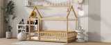 Twin Size House Floor Wooden Bed with Roof Frame,Safety Guardrails,Natural W504P286404