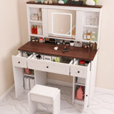 ZUN Farmhouse Vanity Desk with Sliding Mirror,Lights and Charging Station,Makeup Table Desk with W760P206129