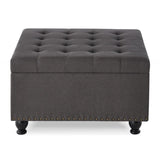 Large square storage ottoman with wooden legs, Upholstered button tufted coffee table with nail W2186142957