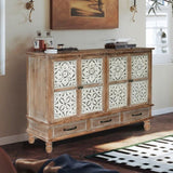 59.06" Chic Natural Wood Accent Cabinet, 4 Doord 3 drawers Sideboard Buffet with Adjustable Shelves, W2295P290643