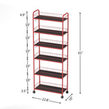 Red 6 Tier Slim Rolling Storage Cart, Mobile Shelving Unit with Wheels, Metal Wire Storage Shelving W2167P195984