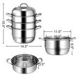 Stainless Steel Multi-Cook Steamer - 3-Tier Design with Reflux Steaming Grids, 8QT Bottom Pot, 98847665