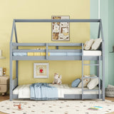 Twin Over Twin House Floor Bed with Headboards, Footboards and Guardrails, Ladder, Rubber Wood W504P227934