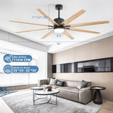 ZUN 76 Inch Indoor Ceiling Fan With Dimmable 3 Color Led Light 8 Solid Wood Blades Remote Control W882P147261