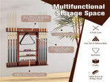 Brown Pine Wood Wall-Mounted Billiards Cue Rack, Holds 8 Cues & 16 Balls with 5 Storage Compartments 14806939