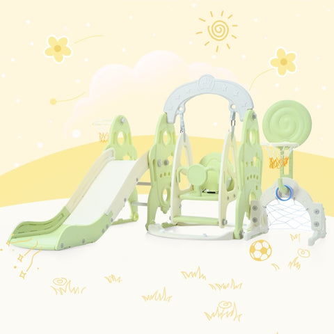 ZUN Toddler Slide and Swing Set 6 in 1, Kids Playground Climber Playset with Soccer Goal, 2 Basketball PP312508AAF