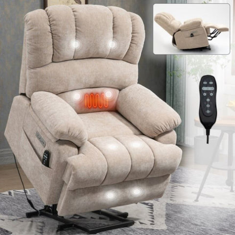 ZUN 23" Seat Width and High Back Large Size Beige Chenille Power Lift Recliner Chair with 8-Point W1803P236297