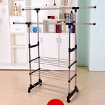 ZUN Dual Bars Horizontal & Vertical Telescope Style 3 Tiers Stainless Steel Clothing Garment Shoe Rack B 14578480