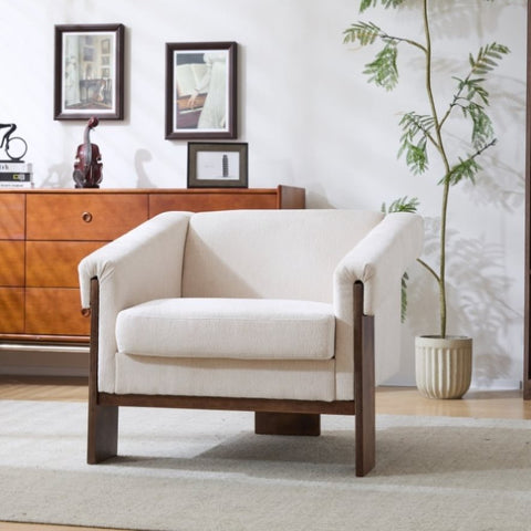 ZUN 34" Mid-Century Modern Accent Chair with White Fabric, Deep Cushions, and Wide Armrests – Ideal for N767P210787E