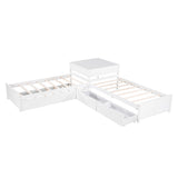 ZUN L-shaped Platform Bed with Trundle and Drawers Linked with built-in Desk,Twin,White 11453578