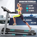 Compact Folding Treadmill for Home - 2.5HP Quiet Brushless Motor, 3-Level Incline, 7.5 MPH, Shock 77102736