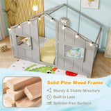 Twin-Size Kids House Gray Floor Bed- 82"x42"x51" Size, LED Light Strip for Cozy 32100376