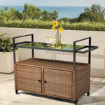 ZUN Outdoor Bar Cart Table, Large Wicker Island Rolling Cart, Wheeled Buffet Serving Cart with Glass Top 04069114