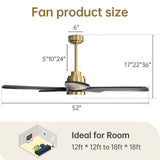 ZUN 52 Inch Ceiling Fan With Dimmable LED Light 5 Solid Wood Blades Smart Remote Control Reversible DC W934P200096