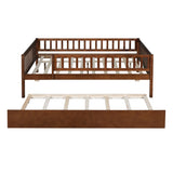 Full Size Wood Daybed with Trundle and Fence Guardrails, Walnut WF301863AAL