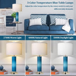 ZUN Set of 2 Table Lamps for Living Room, Blue Glass Bedroom Lamp for Bedside with USB C+A Charging T3146P272367