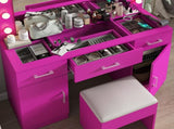 Vanity Desk Set with Large Lighted Mirror Powre Outlet, Glass Top Makeup Vanity with 3 Drawers 20197617
