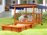 Cedar Wood Kids Sandpit with Playhouse & Canopy, Sandbox with Rear Wheels, NaturalBlue 05048118