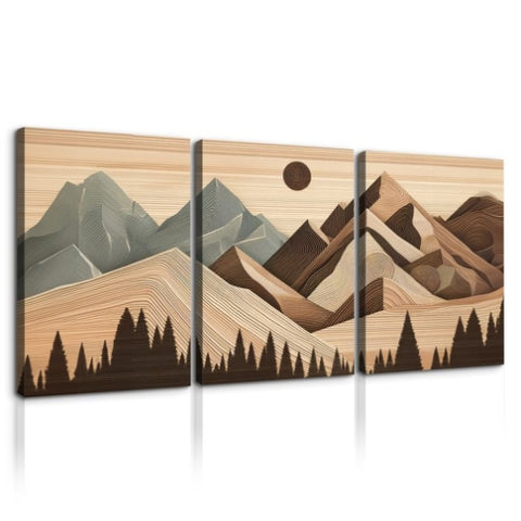 ZUN 3 Panels Framed Abstract Wood Grain Boho Style Mountain & Forest Canvas Wall Art Decor,3 Pieces W2060P155394